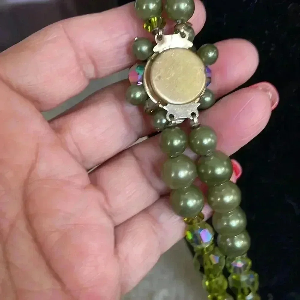 Vintage faux green pearl and Borealis necklace